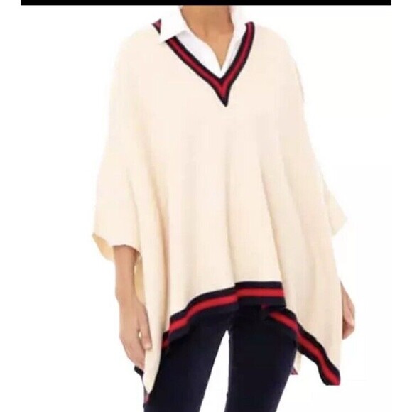 Tuckernuck Camden Sweater Poncho Cream One Size Cozy Preppy Lagenlook Pullover - Picture 3 of 13